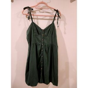 Aerie Button Front Linen‎ Blend Dress Green Tie Strap Sundress Large